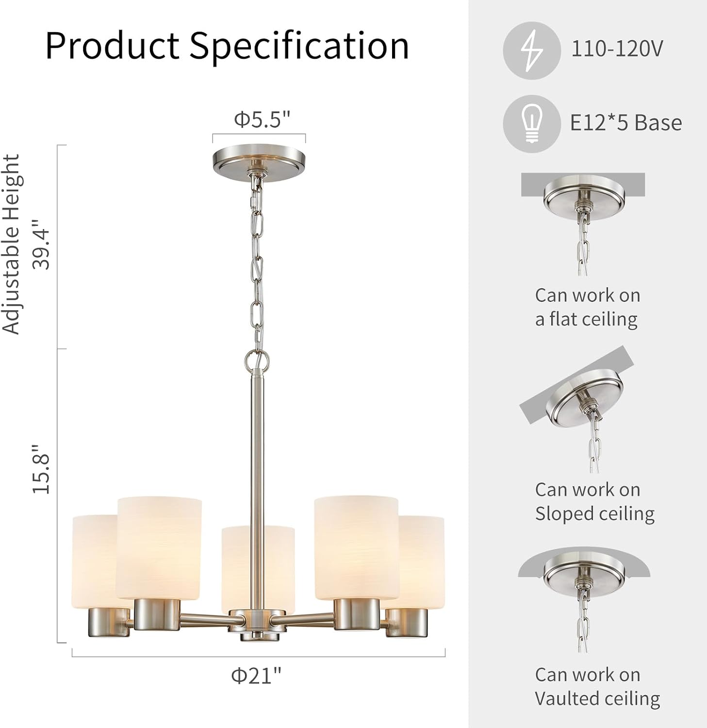 WUZUPS 5-Light Pendant Chandelier Light Frosted White Glass Shade with Grain Ceiling Lighting Elegant Modern Fixture Bathroom Kitchen Dining Room Entry Foyer, H 15.8' W21, E12 Base, Brushed Nickel