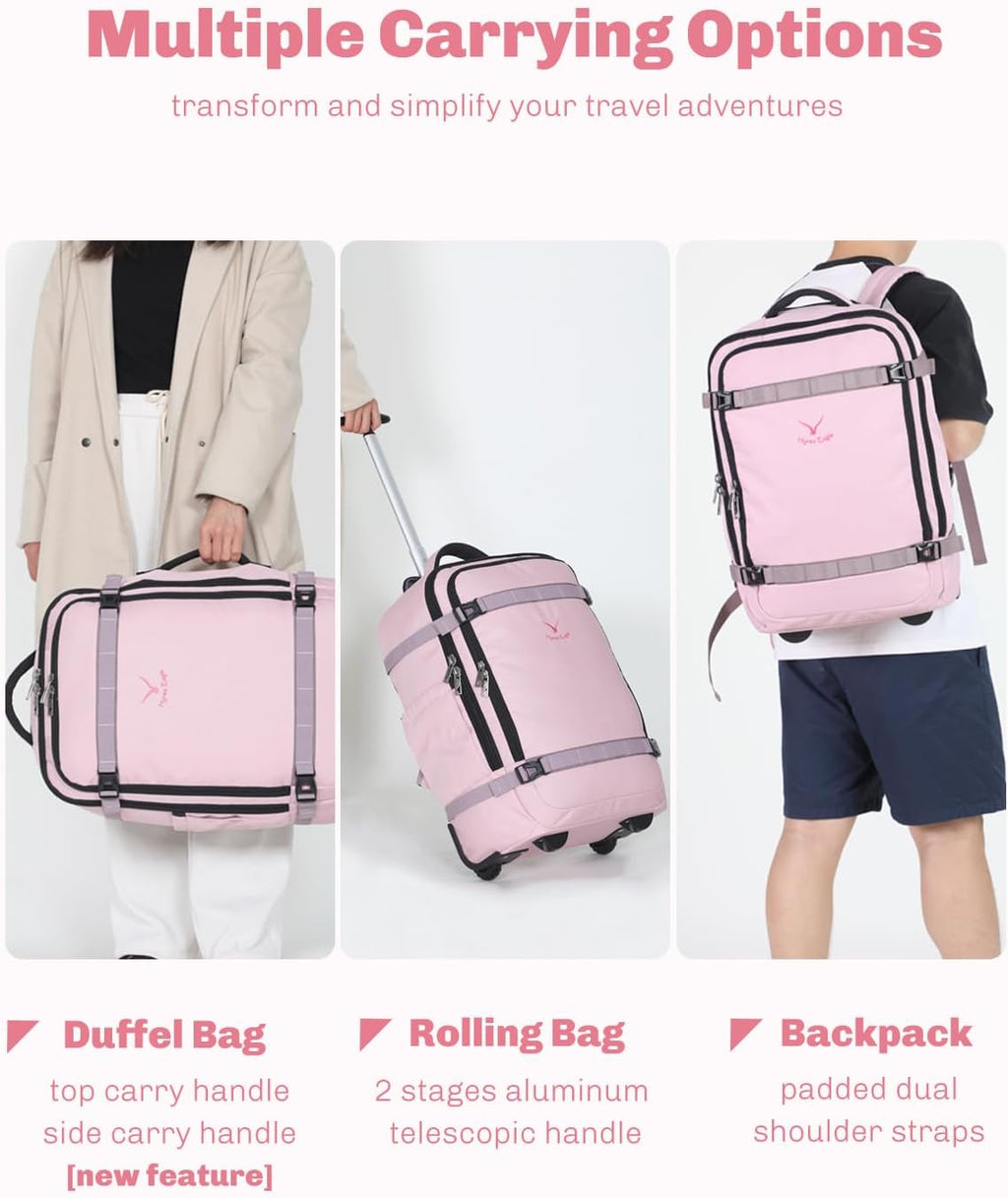 Hynes Eagle Rolling Backpack 42L Backpack with Wheels Airline Approved Carry on Luggage Laptop Travel Suitcase Bag for Women Men Light Pink