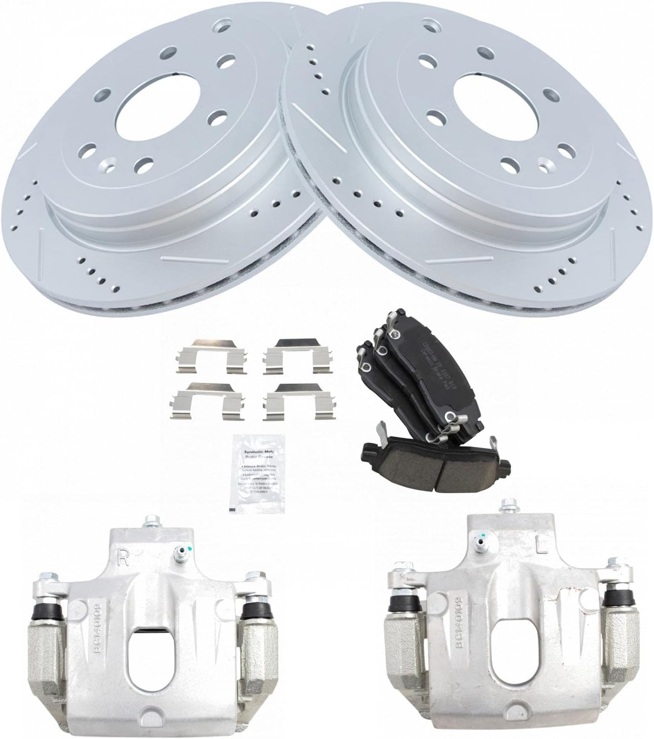 TRQ Performance Rear Brake Pad and Rotor Set Ceramic Drilled Slotted Coated Rotors Calipers Compatible with 09-17 Chevrolet Traverse 07-16 GMC Acadia 08-16 Buick Enclave 07-10 Saturn Outlook