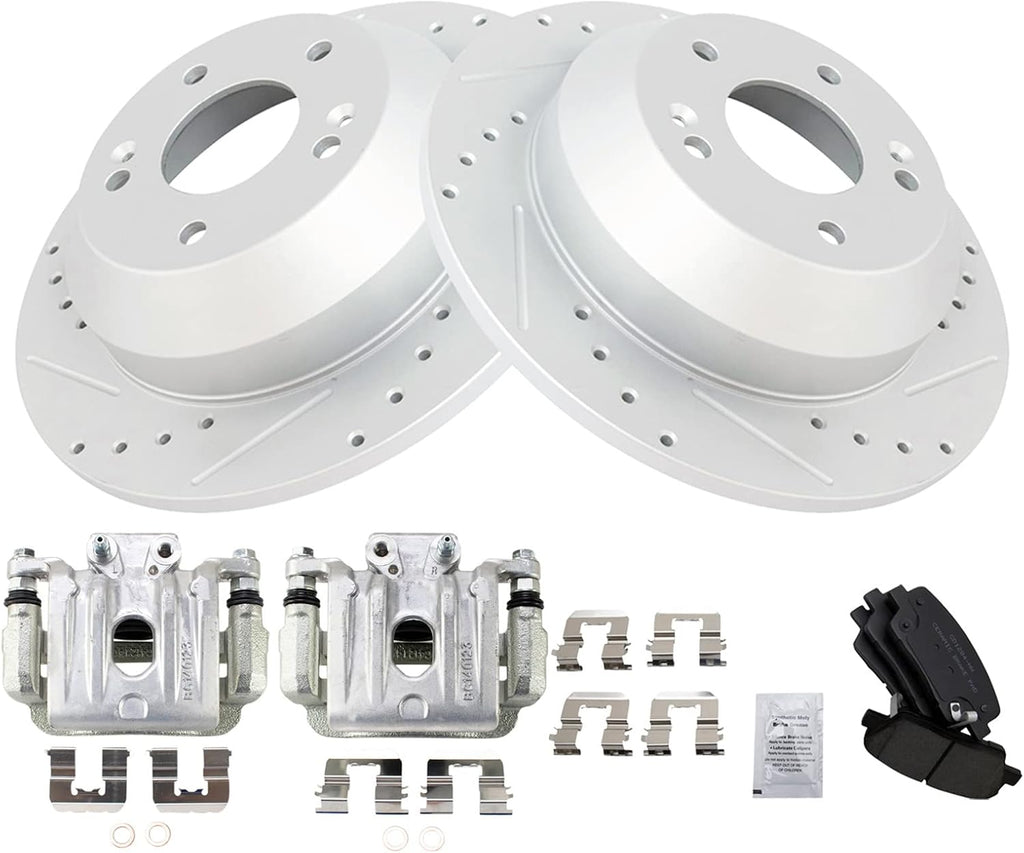 TRQ Performance Rear Brake Pad and Rotor Set Ceramic Slotted Drilled Coated Rotors Calipers Compatible with 2010-2012 Hyundai Santa Fe 2011-2013 Kia Sorento
