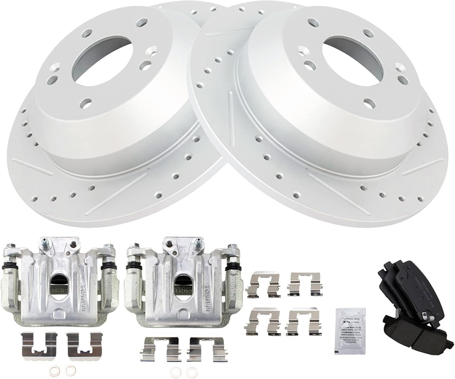 TRQ Performance Rear Brake Pad and Rotor Set Ceramic Slotted Drilled Coated Rotors Calipers Compatible with 2010-2012 Hyundai Santa Fe 2011-2013 Kia Sorento