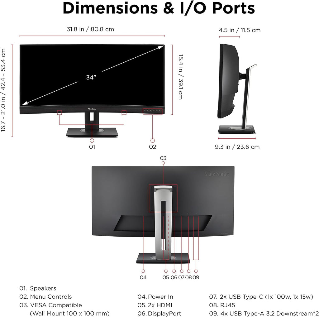 ViewSonic VG3456CA 34 Inch 1440p Ultrawide Docking Monitor, Curved IPS Display for Smooth Home and Office Productivity, Full Ergonomic Adjustability, 100W USB-C, RJ45, and HDMI Inputs