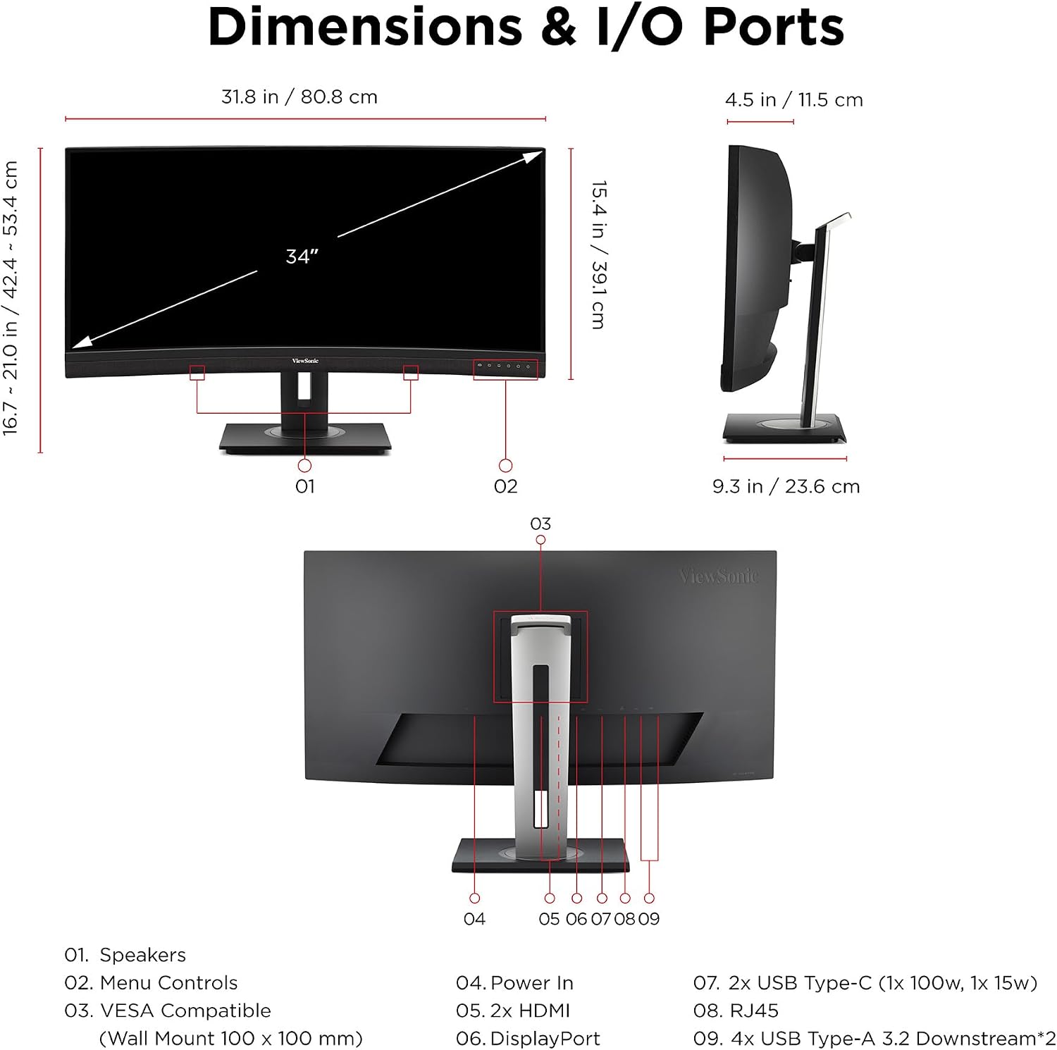 ViewSonic VG3456CA 34 Inch 1440p Ultrawide Docking Monitor, Curved IPS Display for Smooth Home and Office Productivity, Full Ergonomic Adjustability, 100W USB-C, RJ45, and HDMI Inputs