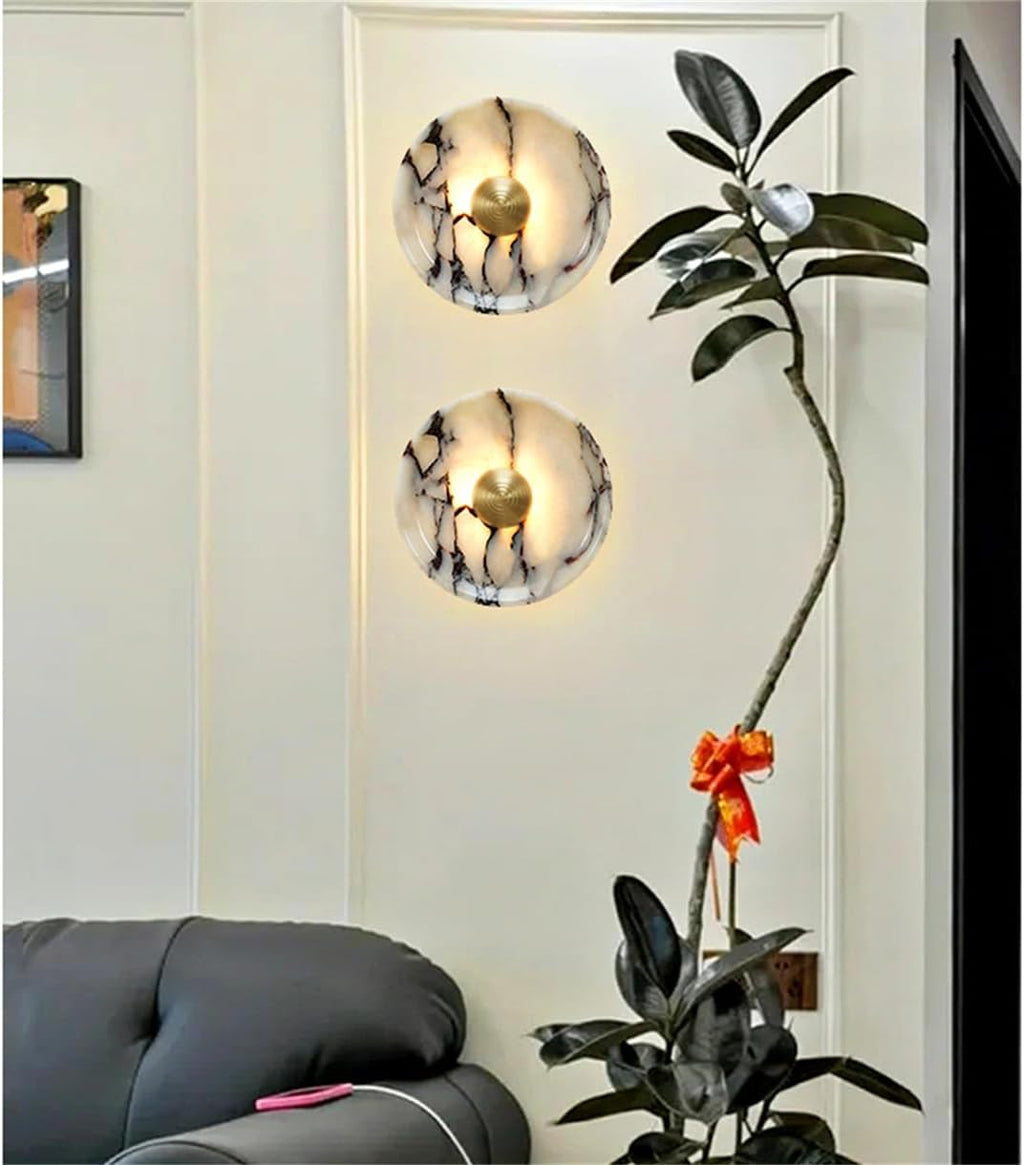 Wabi Vintage Natural Marble Wall Sconce - Circular Alabaster LED Lamp for Bathroom & Home with Gold/Silver Iron Details(Gold)
