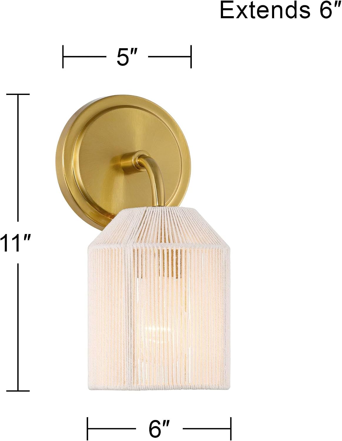 Possini Euro Design Jacob 11' High Modern Wall Sconce Light Lamp Fixture Mount Set of 2 Bathroom Bedroom Bedside Living Room Hardwired Cordless Gold Natural Rope Shade Indoor Kitchen Hallway