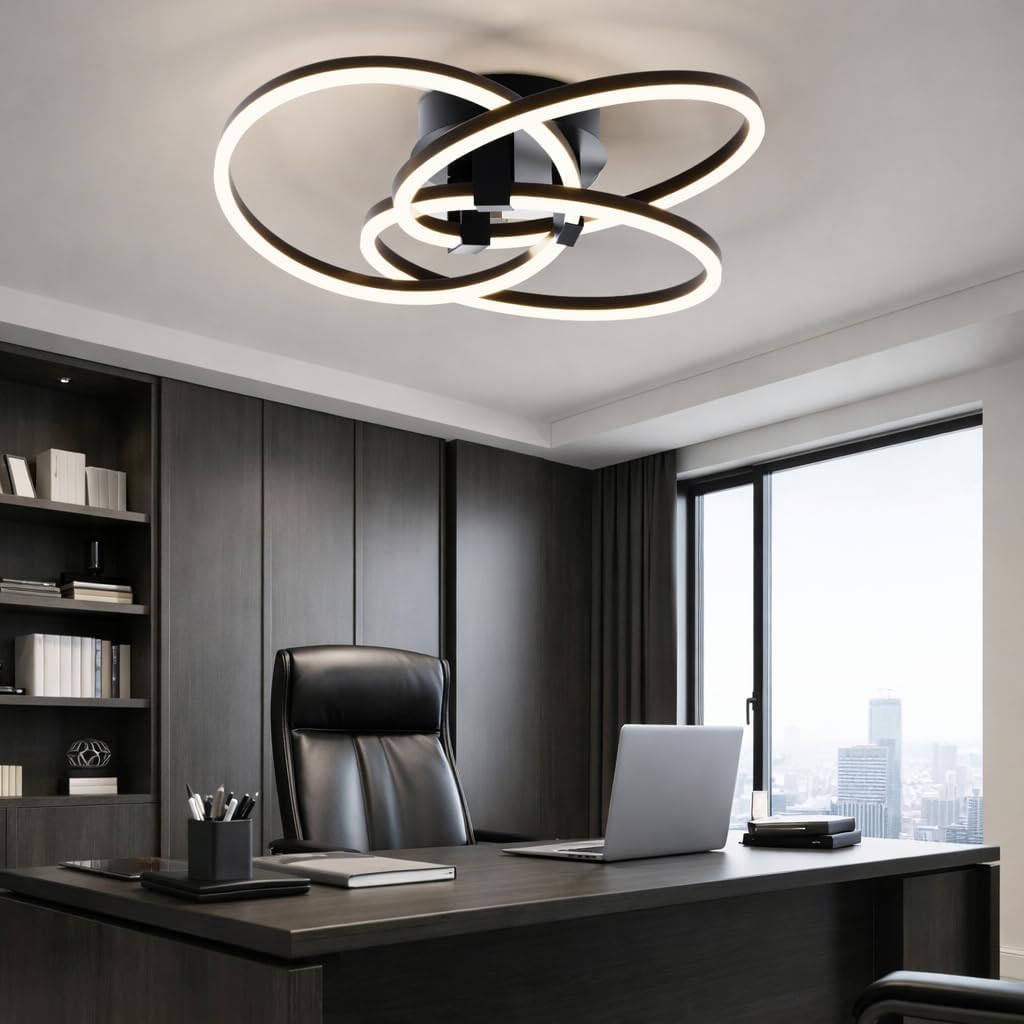 Maxax 3 Ring LED Ceiling Light Fixture, 23'W * 7.5'H, Circle Modern Semi Flush Mount Chandelier, AL Alloy Frame, 45W Dimmable, ETL, for Bedrooms, Living room, Kitchen, Entryway, Hallway, Matte Black