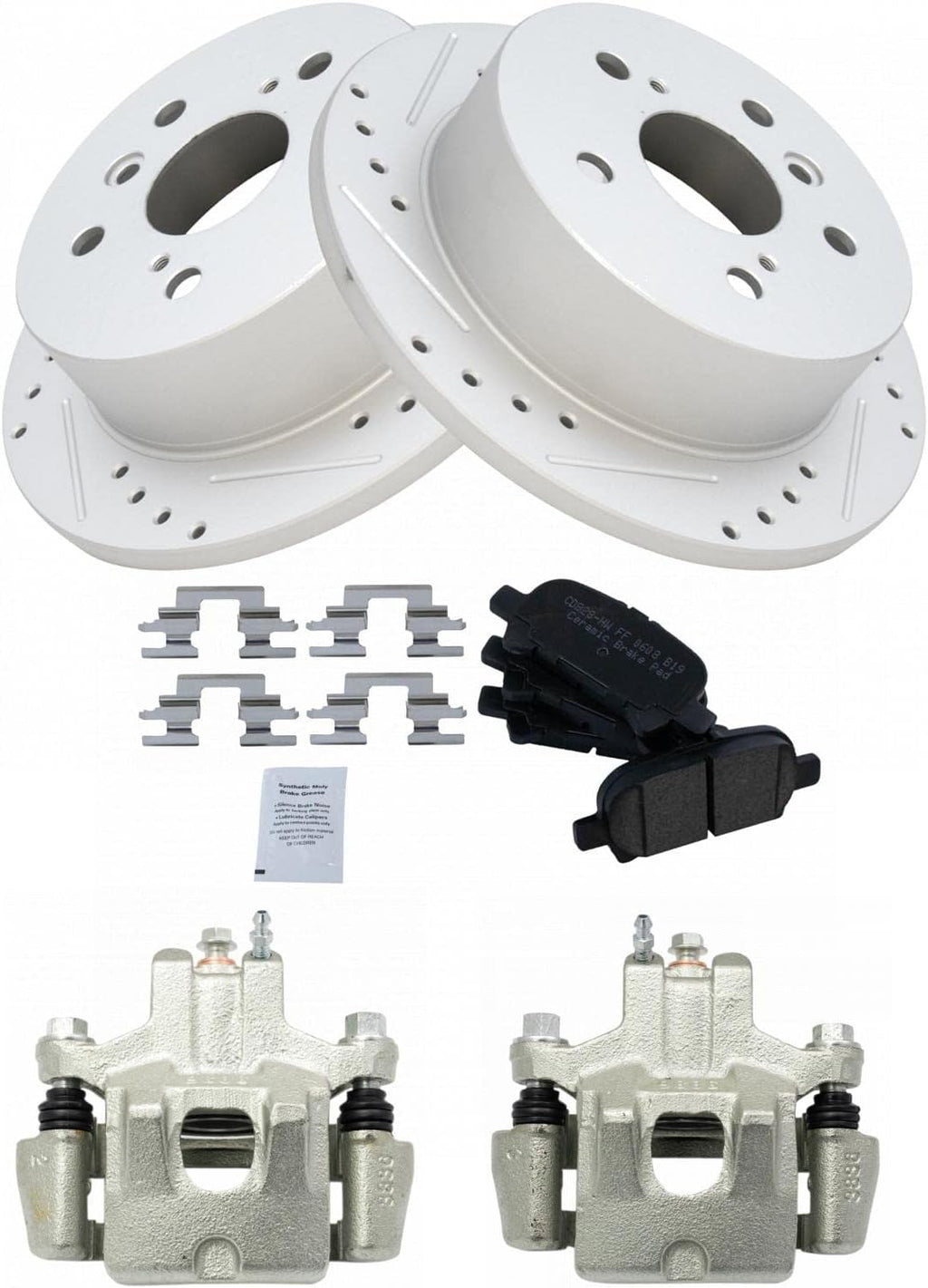 TRQ Performance Rear Brake Pad and Rotor Set Ceramic Coated Drilled Slotted Rotors Calipers Compatible with 2006-2007 Toyota Avalon 2002-2006 Camry 2004-2008 Solara