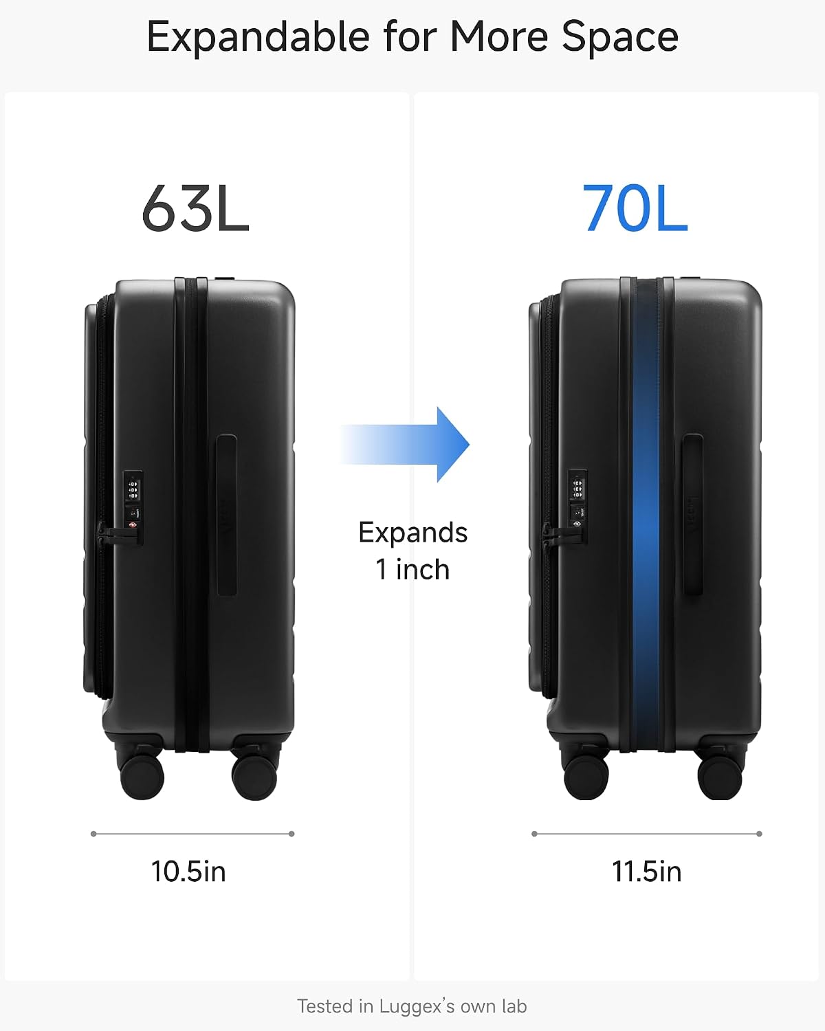 LUGGEX Checked Luggage Top Opening, FLT Expandable Polycarbonate Hard Shell Suitcase with Wheels (FX-Core, Black, 24 Inch, 63L-70L)
