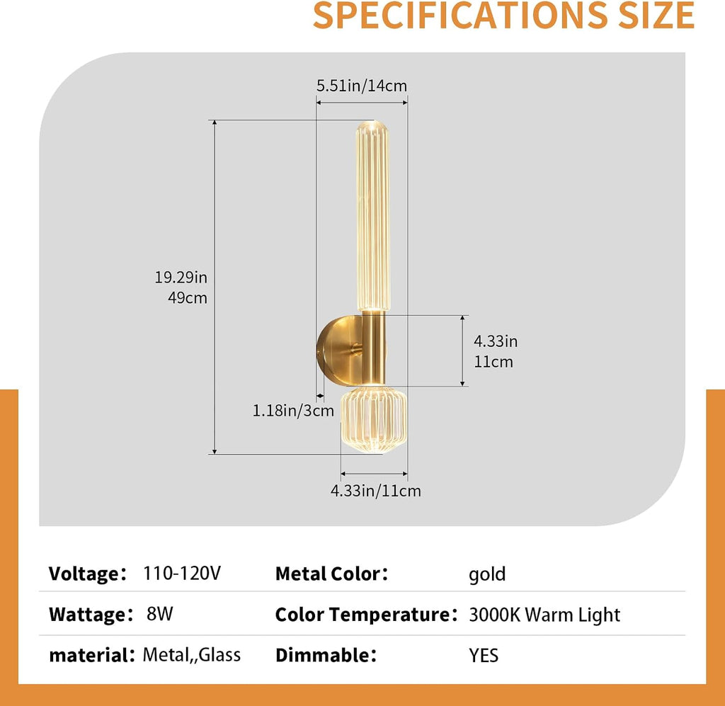 Gold Wall Sconces Set of Two, Modern Bathroom Light Fixture Dimmable LED Wall Sconces with Glass Shade, Bathroom Sconces Wall Lighting for Bedroom Living Room
