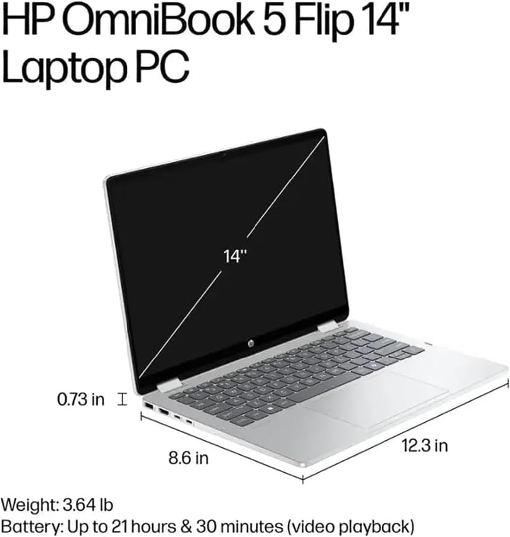 HP OmniBook 5 Flip 2-in-1 14' 2K Touchscreen Laptop, Intel 10-Core 7 150U, 16GB LPDDR5 RAM, 512GB SSD, Intel Graphics, Copilot, Backlit Keyboard, Wi-Fi 6E, Windows 11, Glacier Silver, EAT 16GB USB PEN