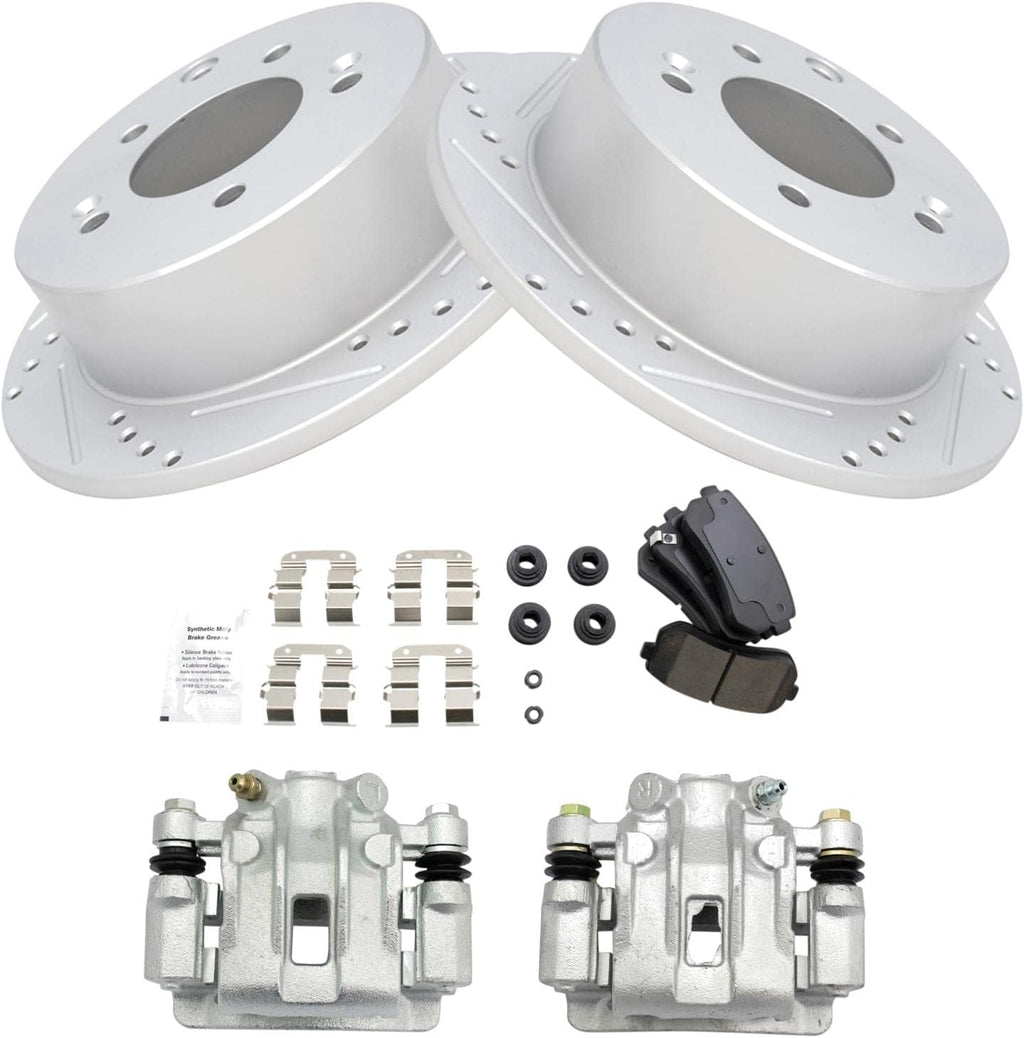 TRQ Performance Rear Brake Pad and Rotor Set Ceramic Solid G Coated Rotors Calipers Compatible with 2010-2013 Kia Forte Forte Koup
