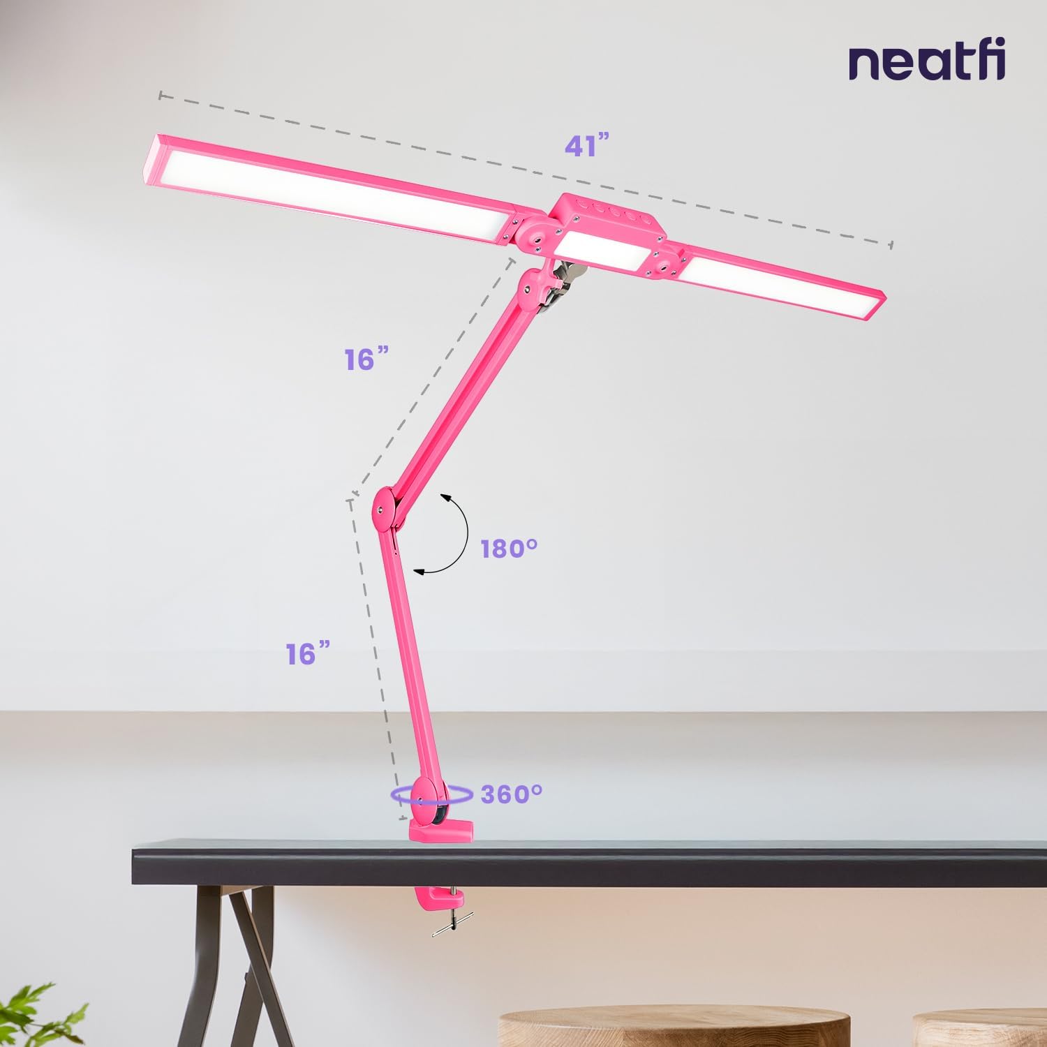 Neatfi LED Desk Lamp | 3,000 Lumens | Dimmable 30W Desk Light | 360 SMD LEDs | CRI 95 | Adjustable Color Temperature | Task Lamp for Home, Office, or Workbench (Pink, 41-Inch, CCT with Clamp)