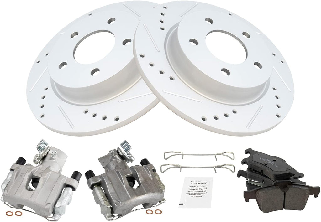 TRQ Performance Rear Brake Pad and Rotor Set Ceramic Solid Rotors Calipers Compatible with 2004-2005 Mazda 3