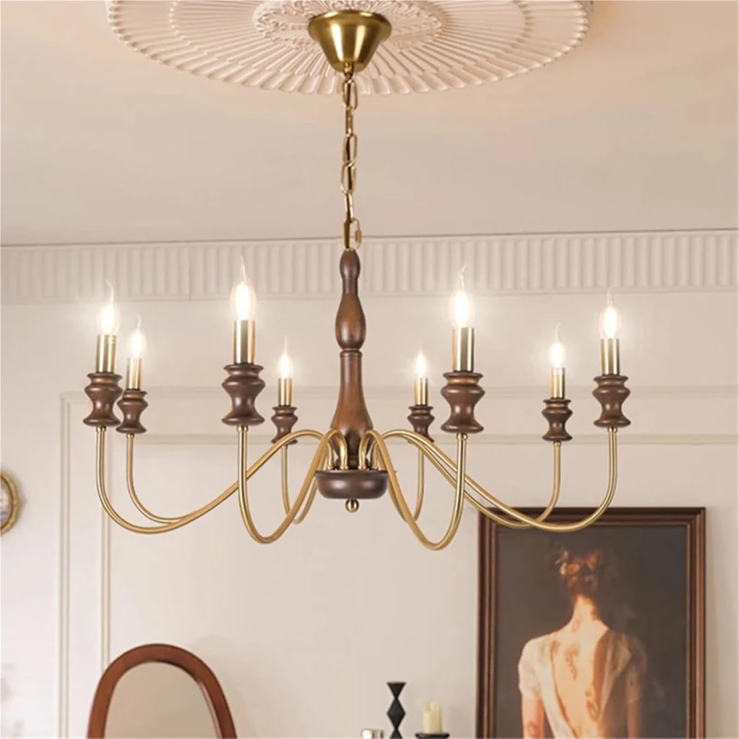 Retro Style E14 Bulb Chandelier Gold Silver Black Metal Dark Wood for Parlor Restaurant Bedroom Lighting,Dining Light Fixtures