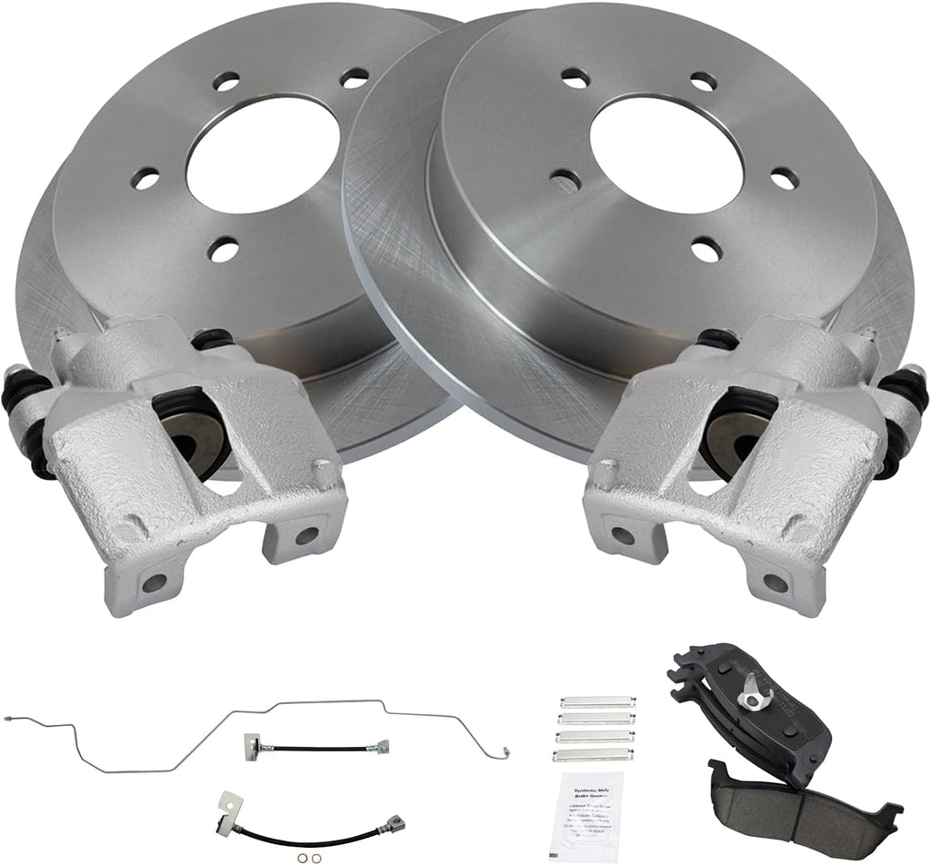 TRQ Rear Brake Pad and Rotor Set Ceramic Rotors Calipers Hoses Compatible with 1999-2003 Ford F-150 2004 F-150 Heritage
