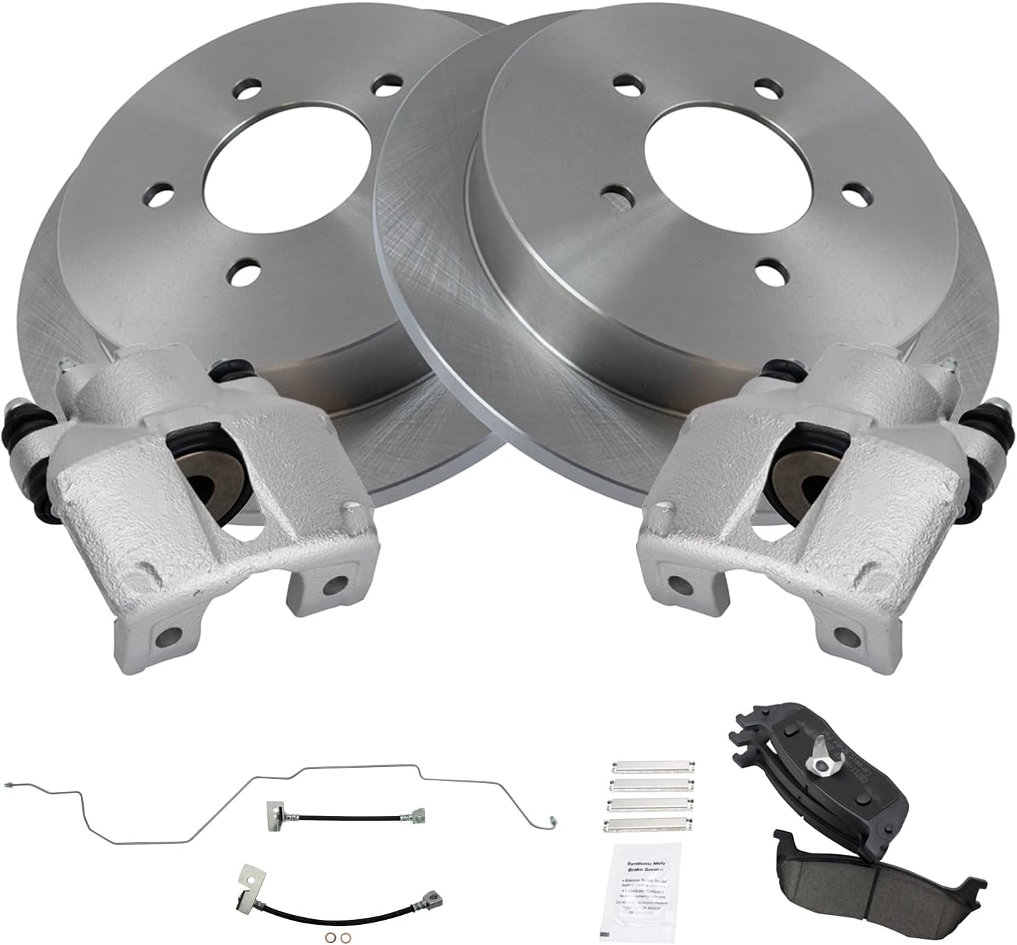 TRQ Rear Brake Pad and Rotor Set Ceramic Rotors Calipers Hoses Compatible with 1999-2003 Ford F-150 2004 F-150 Heritage