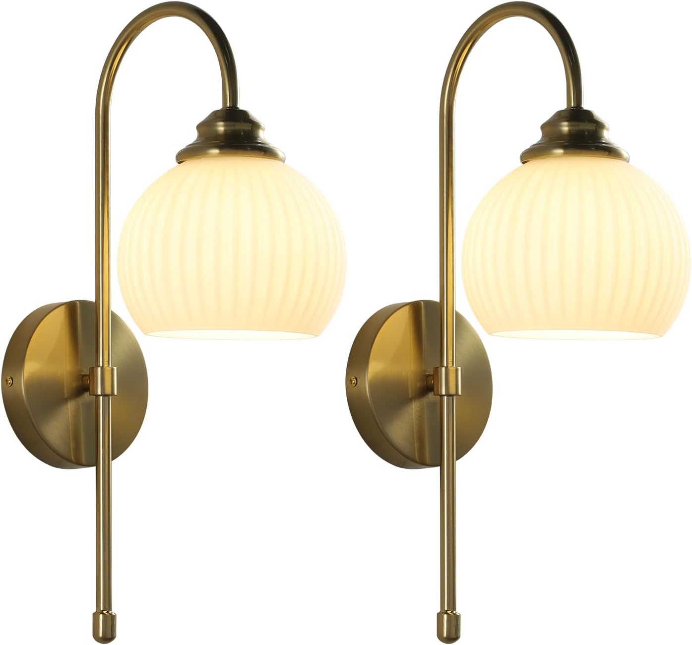 KCO Lighting Gold White Cordless Wall Sconces Mid Century Modern Bedroom Sconces Set of 2 Milk Glass Wall Lamps Antique Brass Wall Light Set of Two Retro Bathroom Vanity Light Fixtures