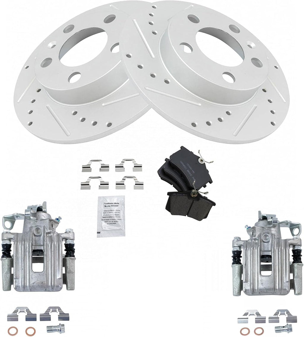 TRQ Performance Rear Brake Pad and Rotor Set Ceramic Drilled Slotted Solid Rotors Calipers Compatible with 1999 Volkswagen Jetta