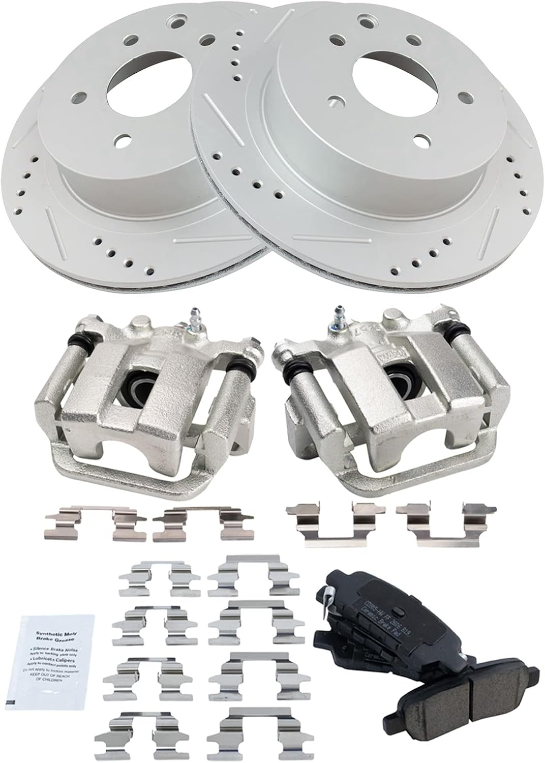 TRQ Performance Rear Brake Pad and Rotor Set Ceramic Vented Coated Rotors Calipers Compatible with 2013-2018 Nissan Leaf 2014-2018 Rogue 2017-2019 Rogue Sport