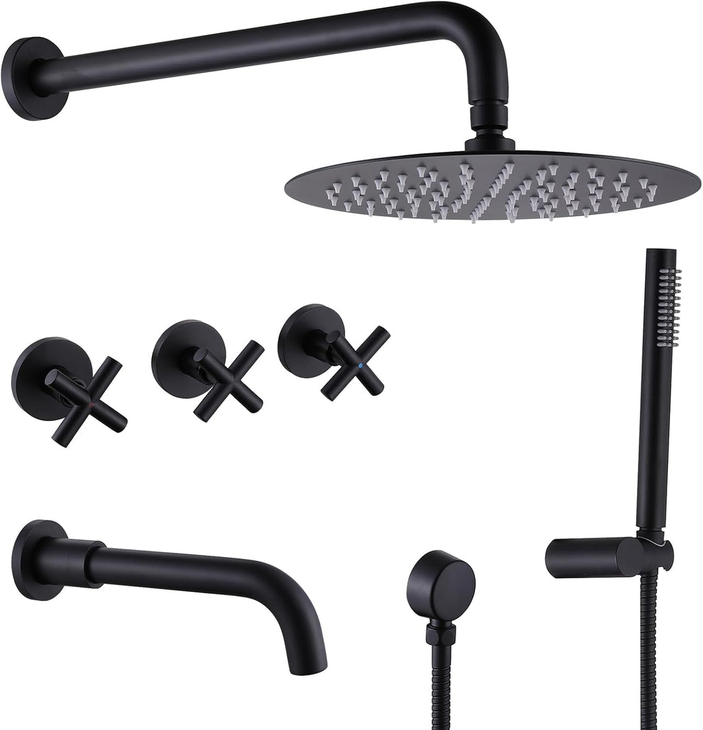 RBROHANT Matte Black Shower System with Tub Spout, Brass Bathtub Shower Faucet Set with 3 Way Rough-in Valve,10 Inch Round Shower Head Set with Tub Spout and Handheld, JK0300