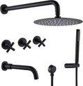 RBROHANT Matte Black Shower System with Tub Spout, Brass Bathtub Shower Faucet Set with 3 Way Rough-in Valve,10 Inch Round Shower Head Set with Tub Spout and Handheld, JK0300