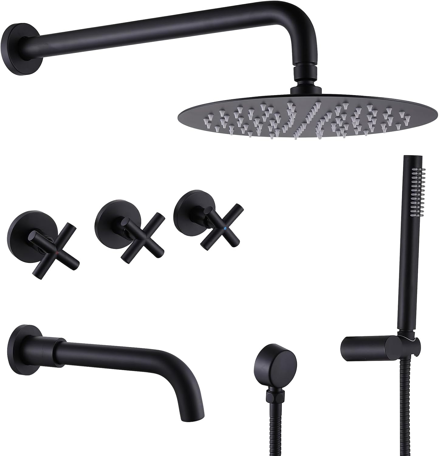 RBROHANT Matte Black Shower System with Tub Spout, Brass Bathtub Shower Faucet Set with 3 Way Rough-in Valve,10 Inch Round Shower Head Set with Tub Spout and Handheld, JK0300