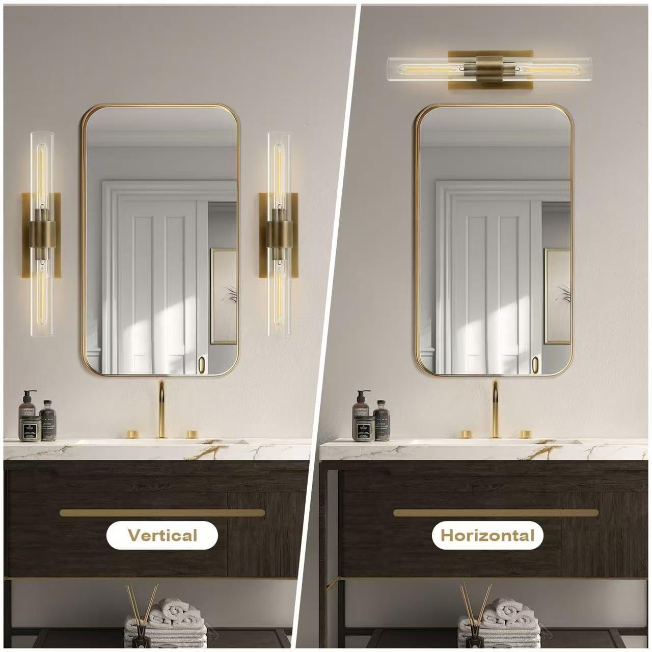 YUYI Brass Wall Sconces Set of Two, 22.8'' Gold Bathroom Sconces Wall Decor with Clear Glass Shade, Indoor Vanity Wall Lights for Bathroom Living Room Bedroom Hallway Fireplace Staircase