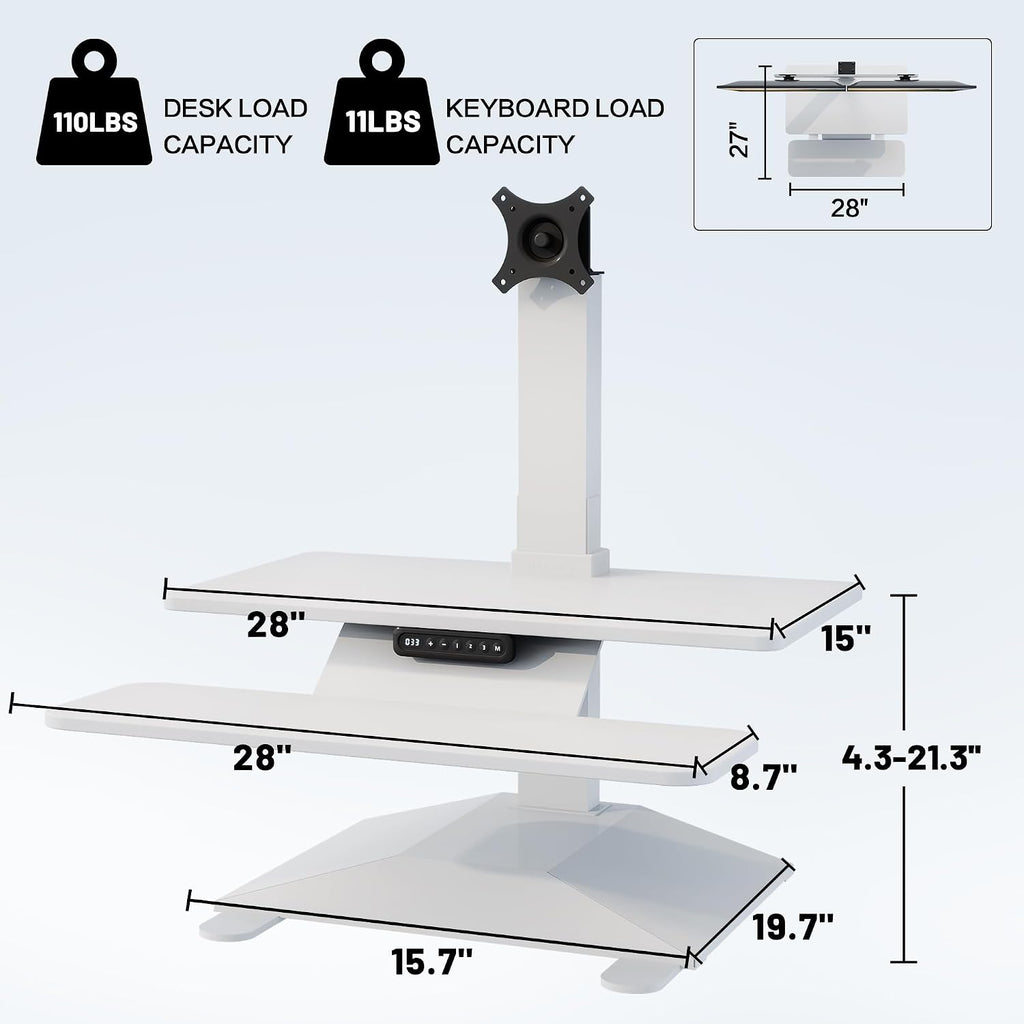 Electric Standing Desk Converter 28' Wide, Height Adjustable Desk Riser, Computer Workstation, Sit-Stand Convertor for Home, Office, School (White, 1 Arm Included)