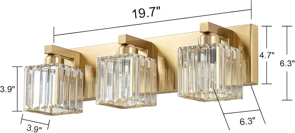 Gold Crystal Bathroom Vanity Lights Modern 3-Lights Bathroom Lighting Fixtures Over Mirror, Gold Crystal Wall Light with Square Shade