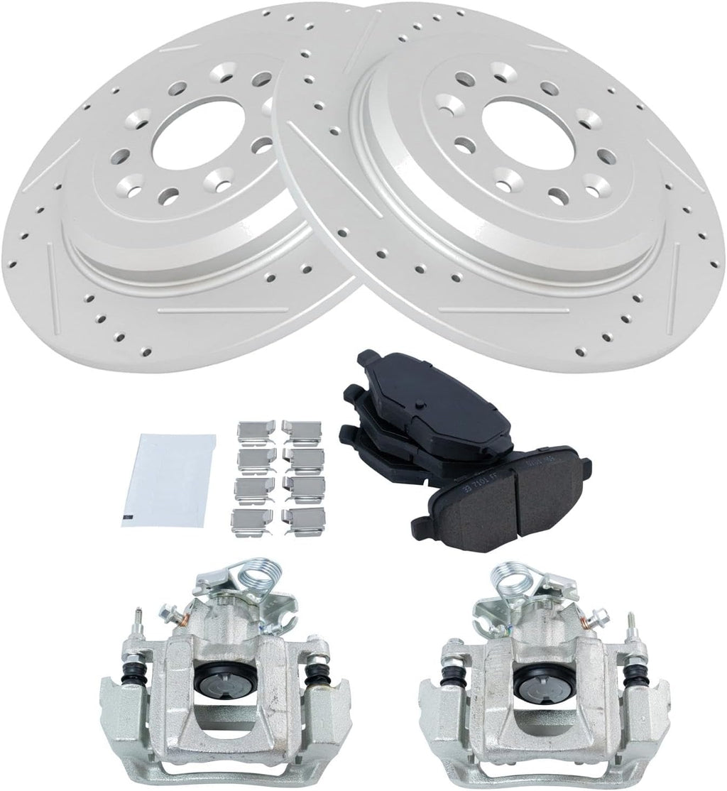 TRQ Performance Rear Brake Pad and Rotor Set Ceramic Coated Drilled Slotted Solid Rotors Calipers Compatible with 2011-2014 Ford Edge 2011-2015 Lincoln MKX