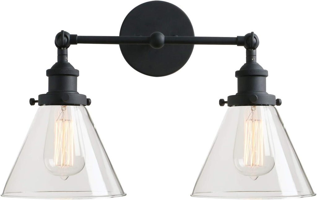 PERMO Industrial Double Sconce 2-Lights Wall Sconces with Dual Funnel Clear Glass Shade Wall Sconce for Mirror Hallway Bedroom, Hardwired, E26 Base (Black)