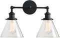 PERMO Industrial Double Sconce 2-Lights Wall Sconces with Dual Funnel Clear Glass Shade Wall Sconce for Mirror Hallway Bedroom, Hardwired, E26 Base (Black)