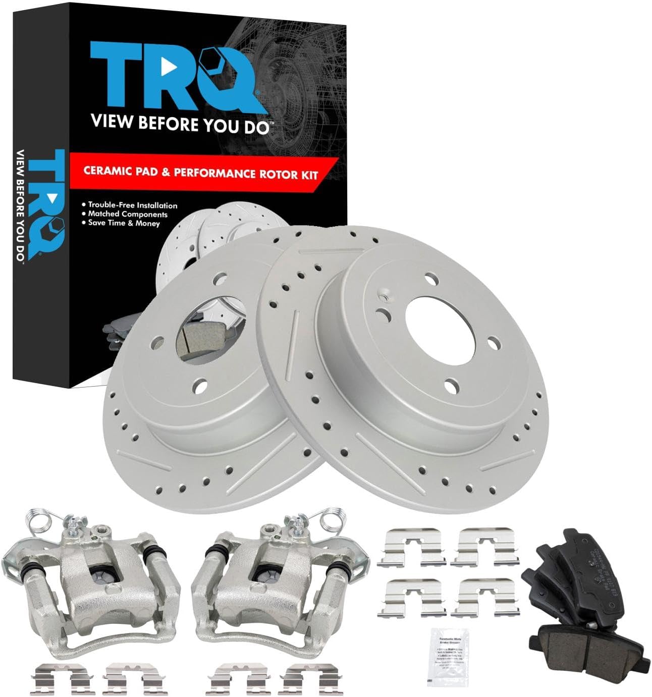 TRQ Performance Rear Brake Pad and Rotor Set Ceramic Solid G Coated Rotors Calipers Compatible with 2012-2016 Kia Rio