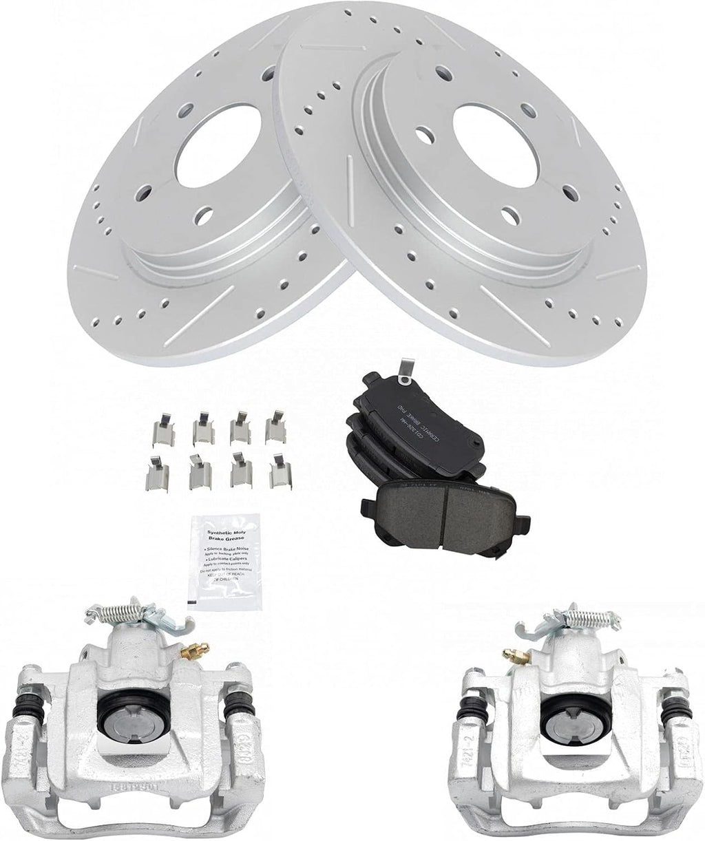 TRQ Performance Rear Brake Pad & Rotor Set Ceramic Drilled Slotted Coated Solid Rotors Calipers Compatible with 08-12 Chrysler Town & Country Dodge Grand Caravan 2012 Ram C/V 09-12 Volkswagen Routan
