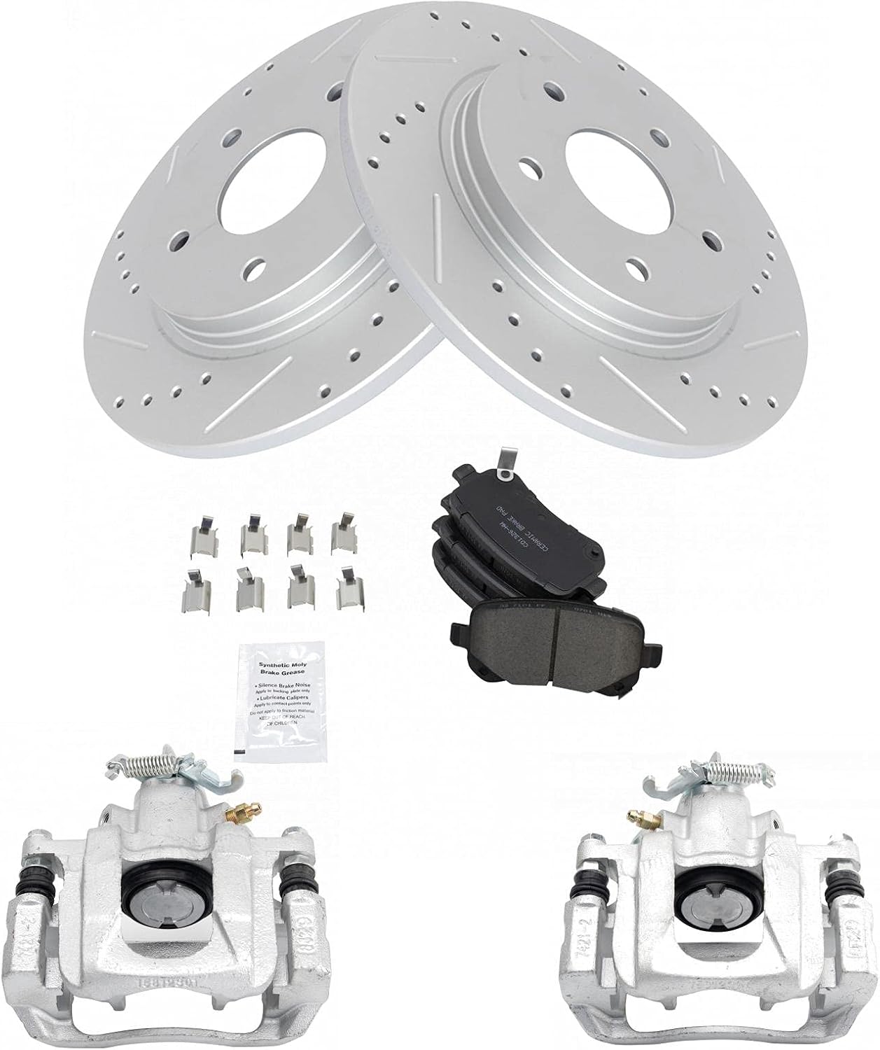 TRQ Performance Rear Brake Pad & Rotor Set Ceramic Drilled Slotted Coated Solid Rotors Calipers Compatible with 08-12 Chrysler Town & Country Dodge Grand Caravan 2012 Ram C/V 09-12 Volkswagen Routan