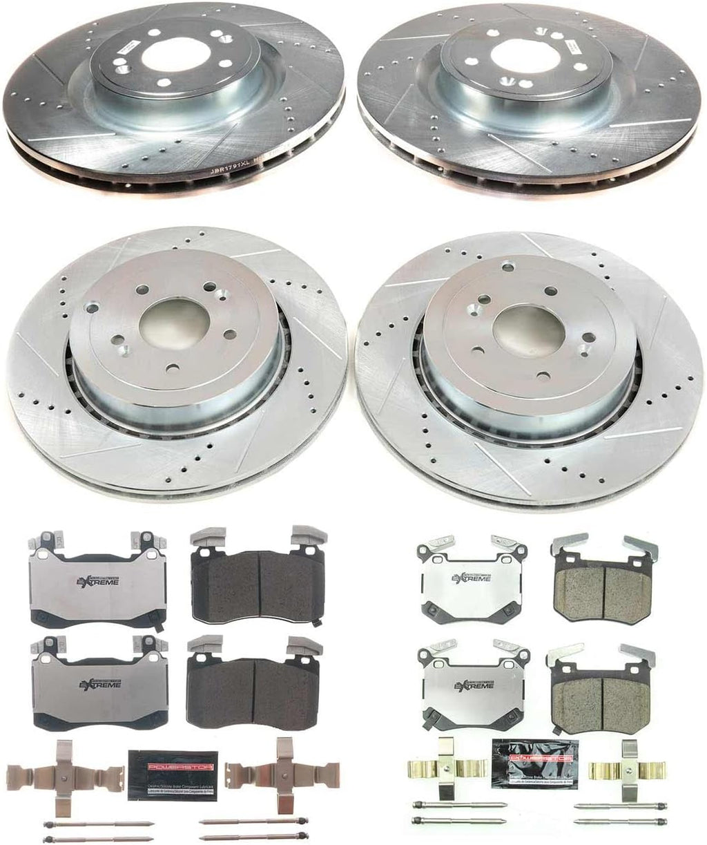 PowerStop Front and Rear Brake Kit for Genesis G70 2019-22 | Kia Stinger 2018-22 - Carbon-Fiber Ceramic Z26 Brake Pads + Drilled & Slotted Rotors Upgrade, K8510-26