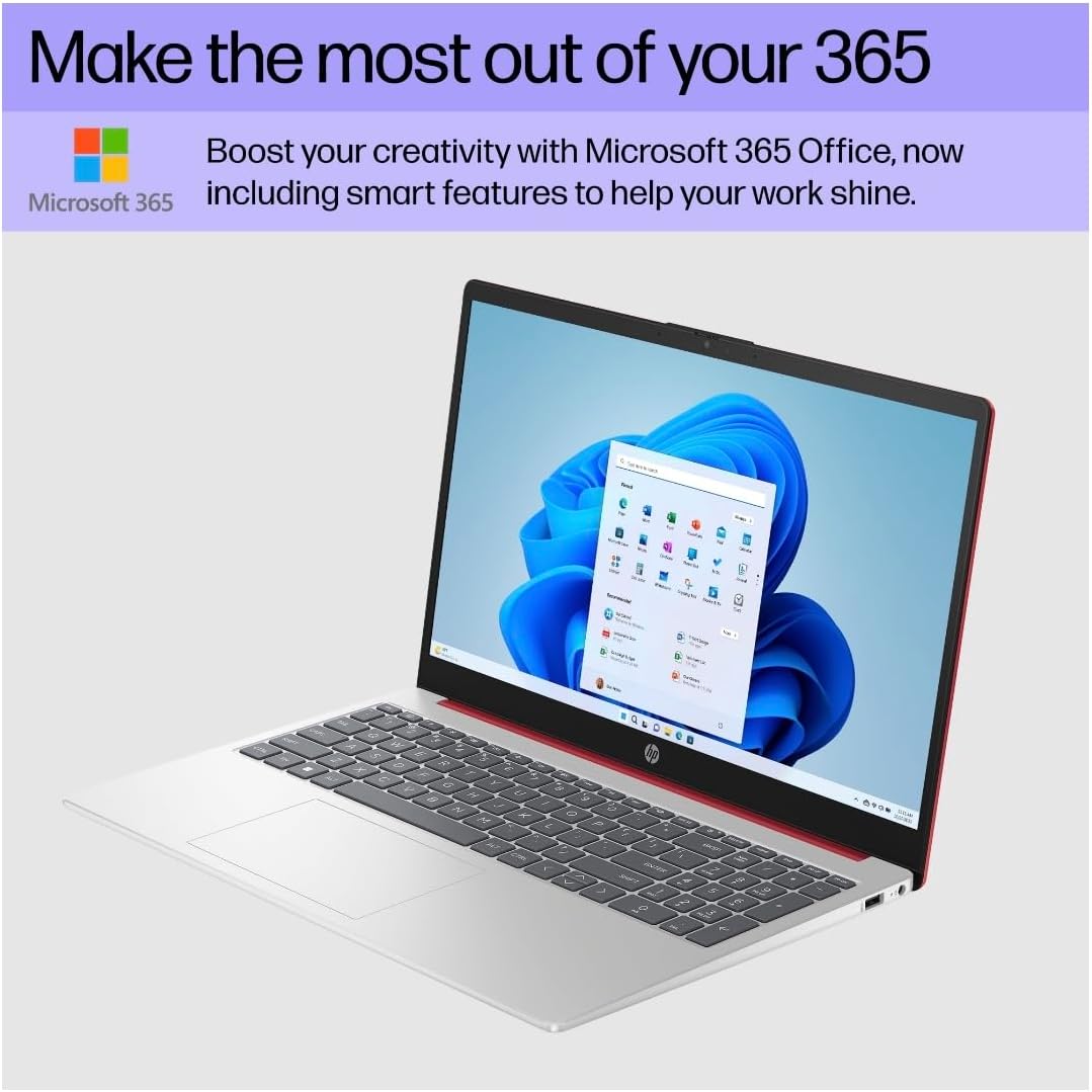 HP 15.6-Inch HD Pentium N200 1.8GHz Intel UHD Graphics 4GB RAM 128 SSD Windows 11 Laptop with 1-Year Microsoft 365 (Scarlet Red)