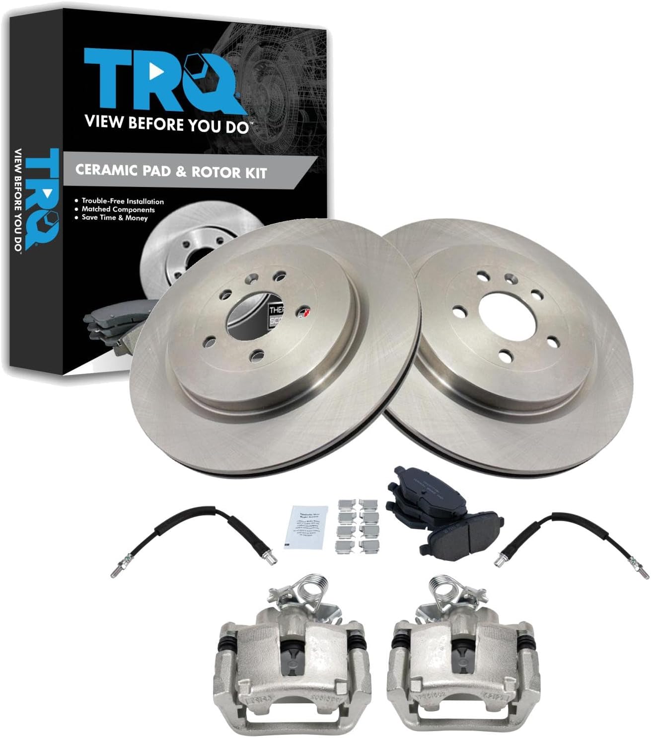 TRQ Rear Brake Pad and Rotor Set Ceramic Rotors Calipers Hoses Compatible with 2013-2018 Ford Flex Taurus 2015-2018 Lincoln MKT