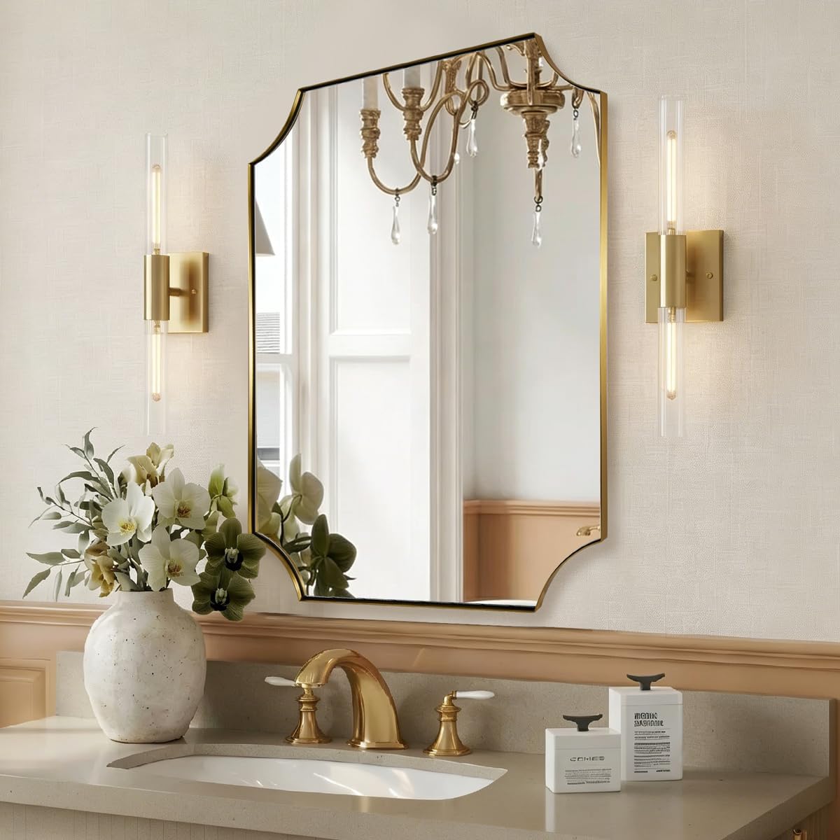MIRRORART Scalloped Gold Bathroom Mirror 24x32'', Contemporary Notched Corner Mirror, Rectangle Brass Mirrors for Bathroom in 1'' Stainless Steel Metal Frame Hang Vertical/Horizontal for Home Decor