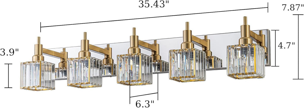 Crystal Bathroom Light Gold Chrome 5-Light Modern Bathroom Vanity Fixtures Over Mirror Square Wall Sconce