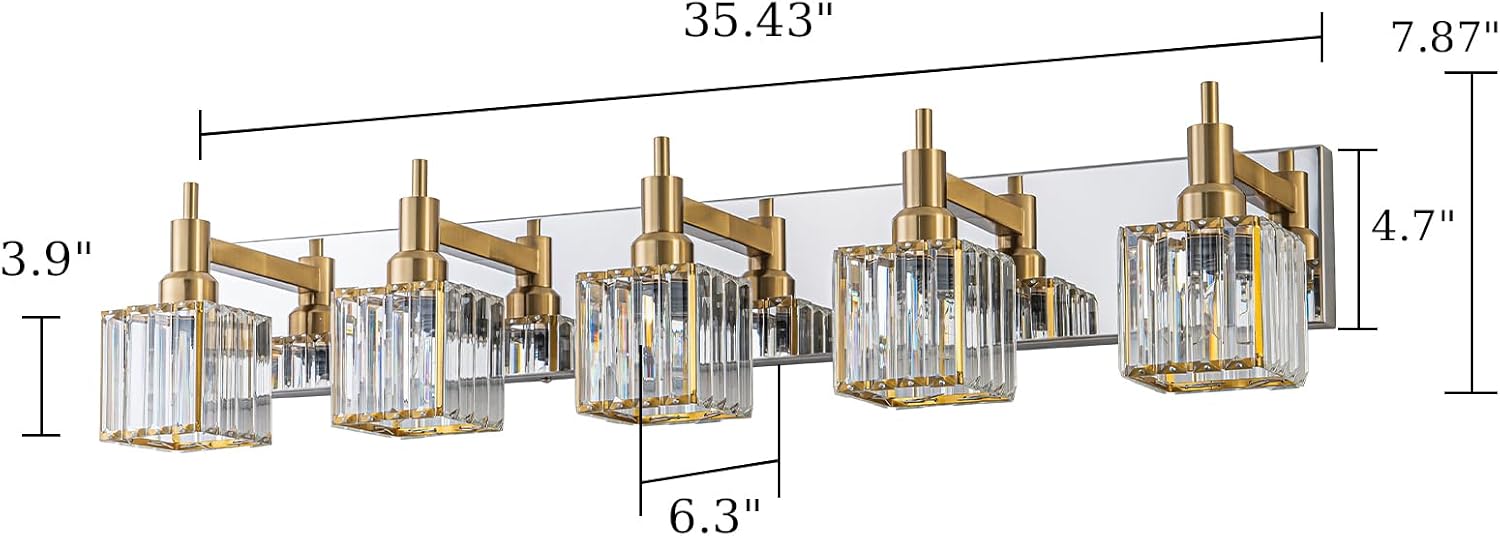 Crystal Bathroom Light Gold Chrome 5-Light Modern Bathroom Vanity Fixtures Over Mirror Square Wall Sconce