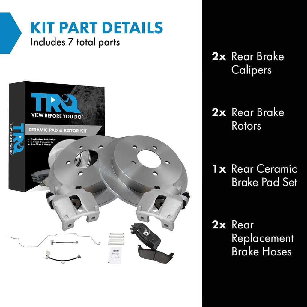 TRQ Rear Brake Pad and Rotor Set Ceramic Rotors Calipers Hoses Compatible with 1999-2003 Ford F-150 2004 F-150 Heritage