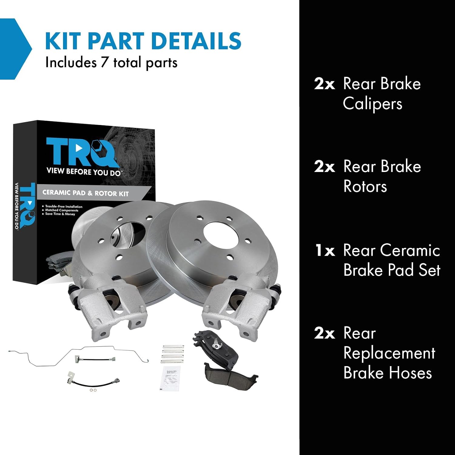 TRQ Rear Brake Pad and Rotor Set Ceramic Rotors Calipers Hoses Compatible with 1999-2003 Ford F-150 2004 F-150 Heritage
