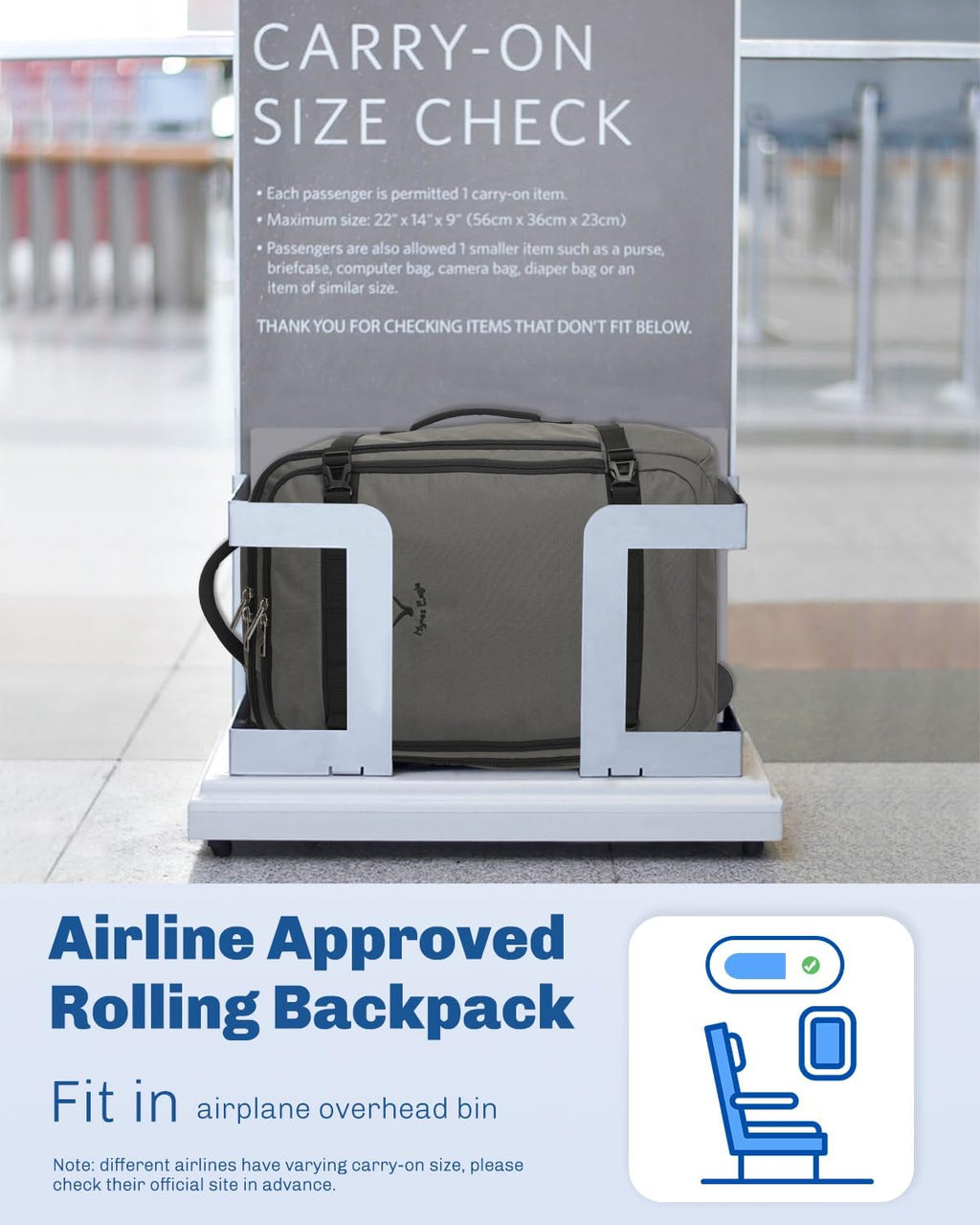 Hynes Eagle Rolling Backpack 42L Backpack with Wheels Airline Approved Carry on Luggage Laptop Travel Suitcase Bag for Women Men Dark Grey