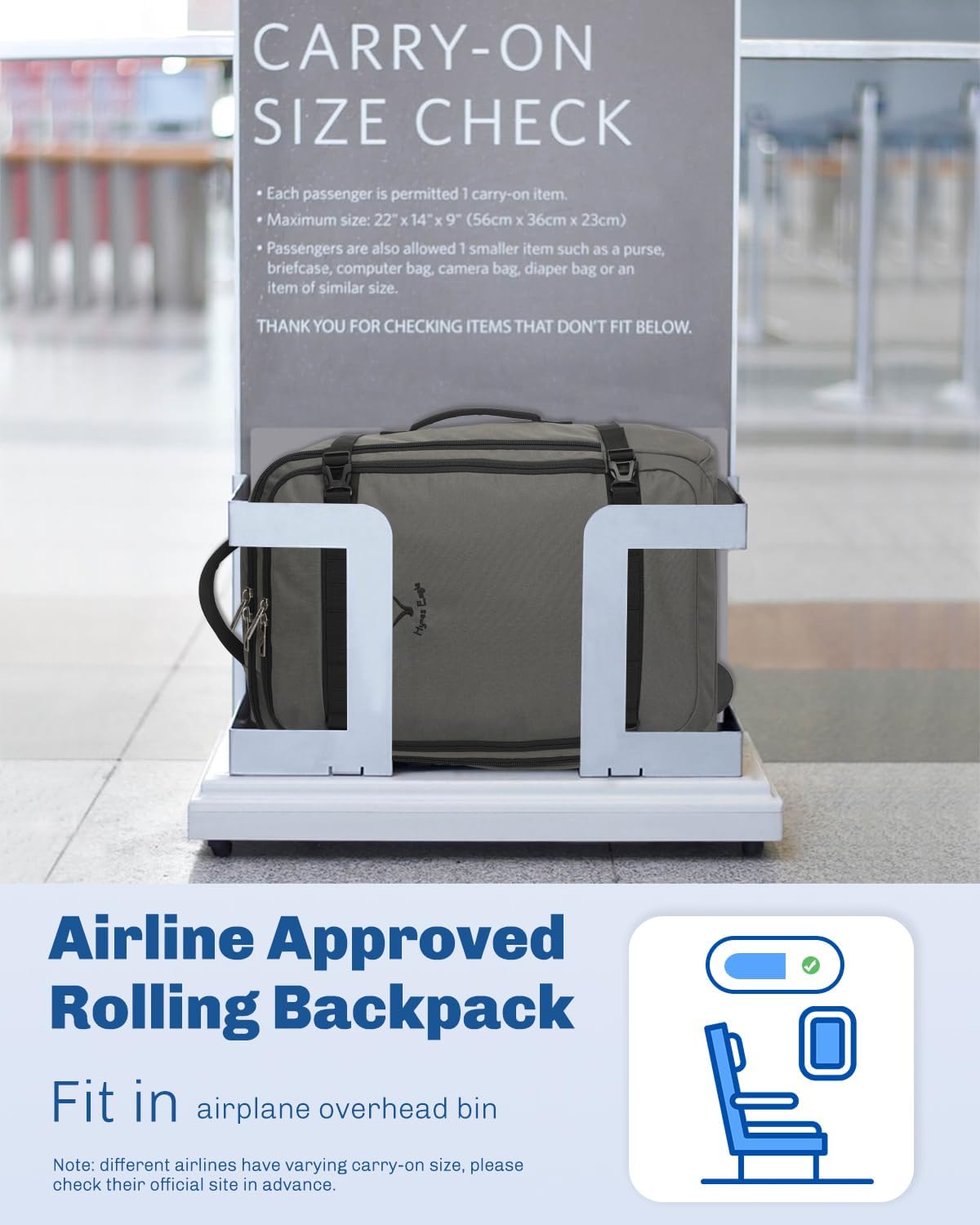 Hynes Eagle Rolling Backpack 42L Backpack with Wheels Airline Approved Carry on Luggage Laptop Travel Suitcase Bag for Women Men Dark Grey