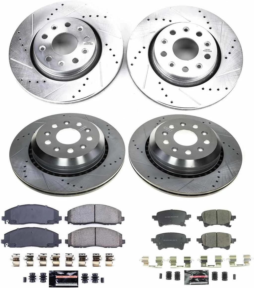 PowerStop Front and Rear Brake Kit for Jeep Gladiator 2020-23 | Jeep Wrangler 2021-22 - Drilled and Slotted Disc Rotors with Carbon-Fiber Ceramic Brake Pads Replacement, K8509