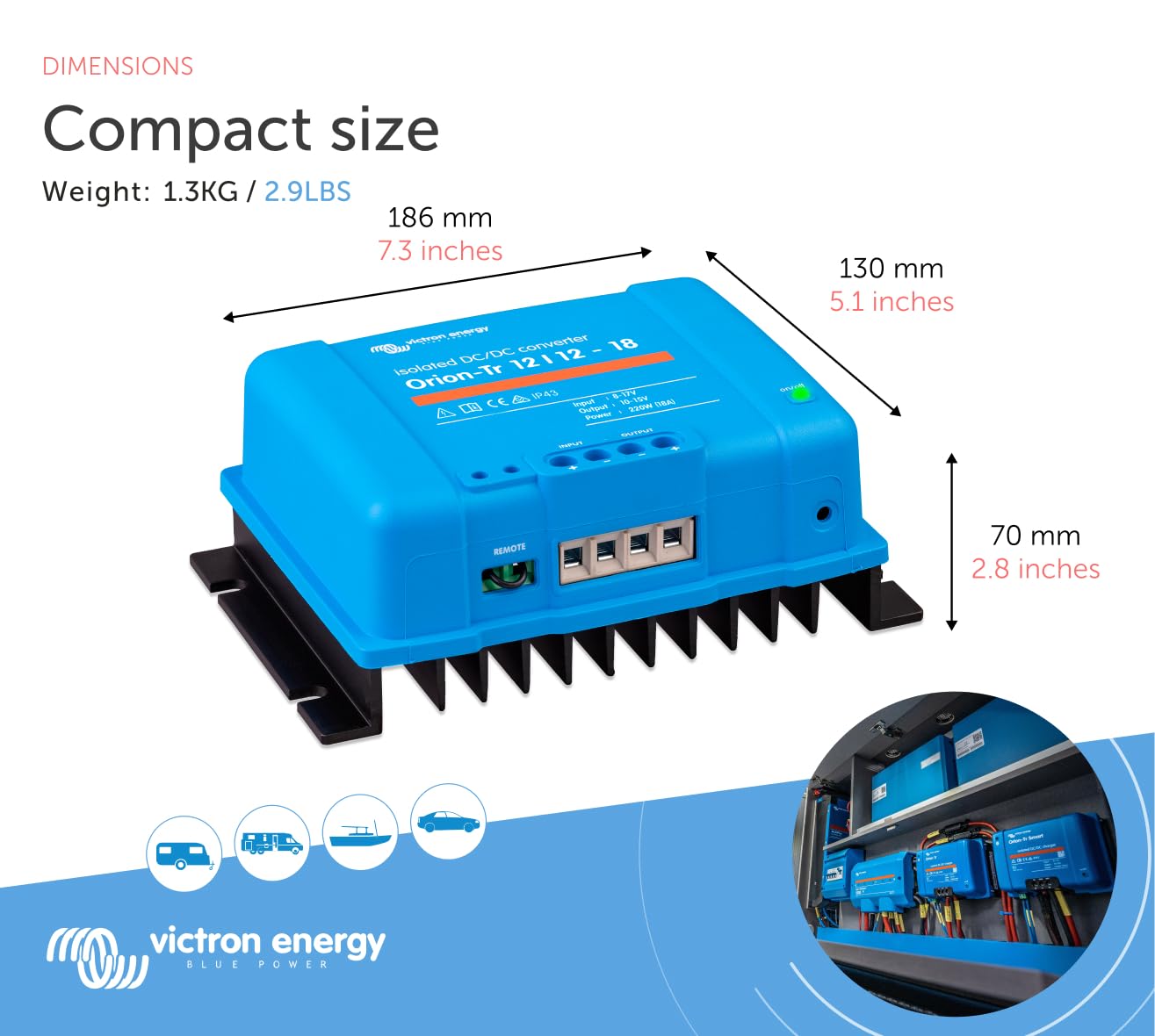 Victron Energy Orion-Tr DC to DC Converter - 12/12-Volt 18 amp 220-Watt - IP43 Protected - for Dual Battery Systems - Isolated