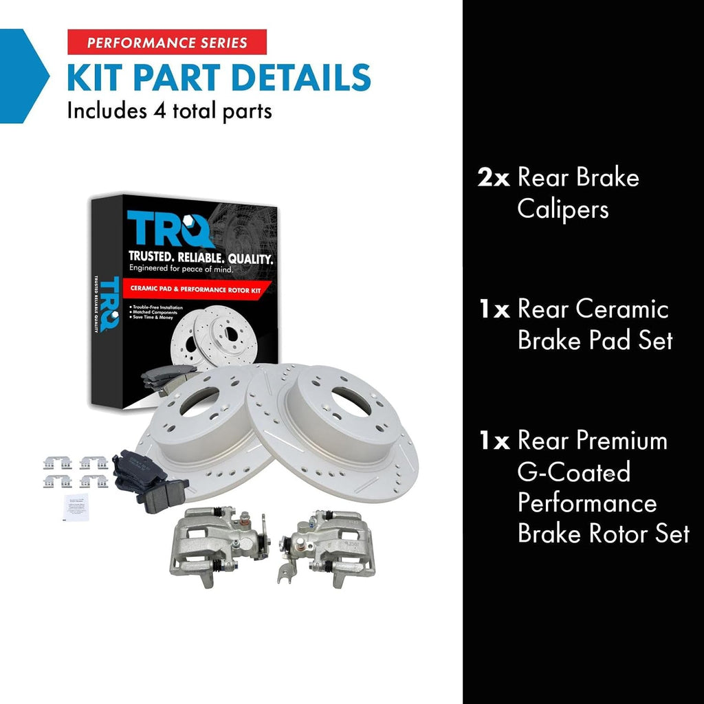 TRQ Performance Rear Brake Pad and Rotor Set Ceramic Coated Drilled Slotted Vented Rotors Calipers Compatible with 2009-2014 Acura TSX 2008-2012 Honda Accord
