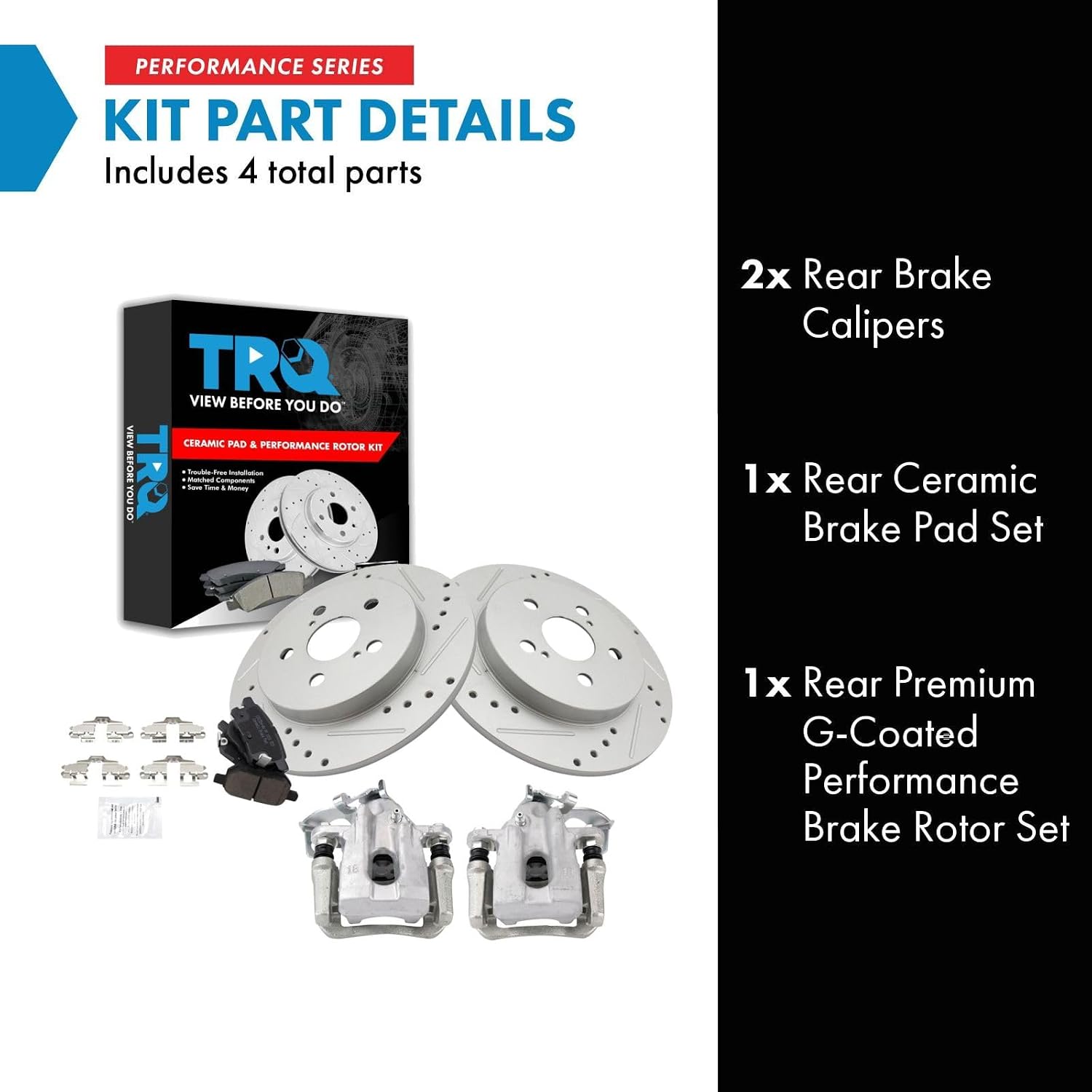 TRQ Performance Rear Brake Pad and Rotor Set Ceramic Solid Rotors Calipers Compatible with 2010-2013 Toyota Prius