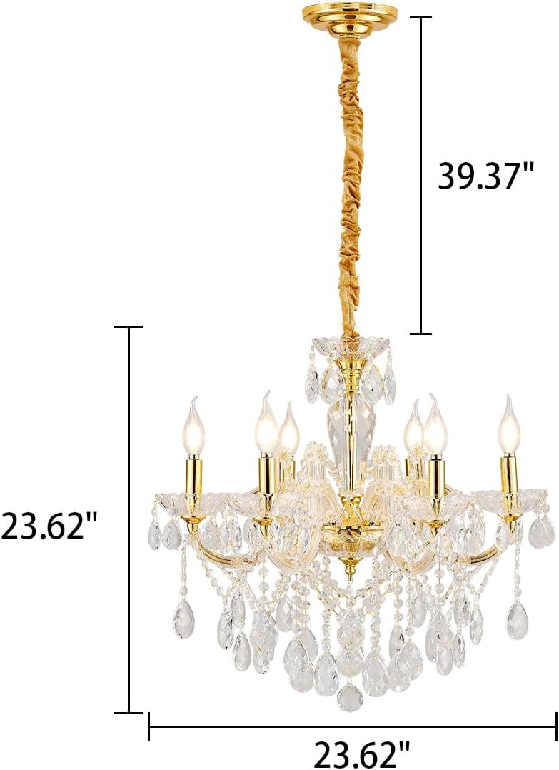 YLONG-ZS 6-Light Crystal Gold Chandelier Light Fixture for Bedroom,Modern Pendant Light Crystal Raindrop Lighting Hanging Chandelier for Living Room, Kitchen,Dining Room, Bedroom,Entryway